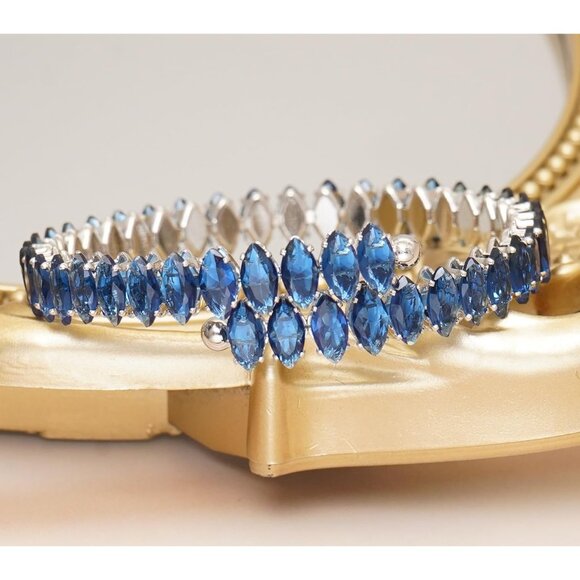 Blue Gold Rhinestone Cuff Bracelet Cubic Zirconia Tennis Bracelets for Women - Picture 5 of 5